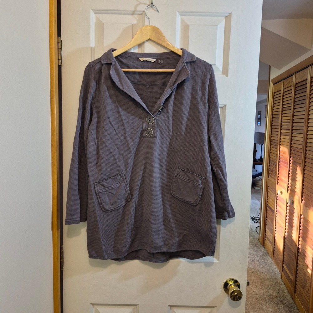 Soft Surroundings Womens Gray Waffle Knit Henley Tunic Top 3/4 Sleeve Pockets